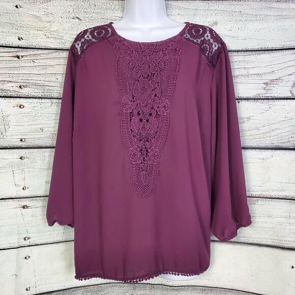 Maurices Tops - Maurices Purple Crochet Lace Blouse Long Sleeve Size 2 Sheer Feminine Boho Top
